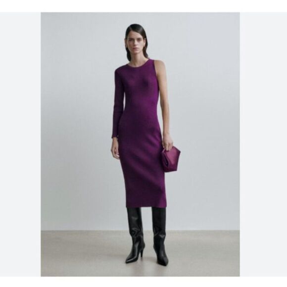 Massimo Dutti Studio Purple Asymmetrical One Shoulder Knit Dress S Small NWT - Picture 1 of 8